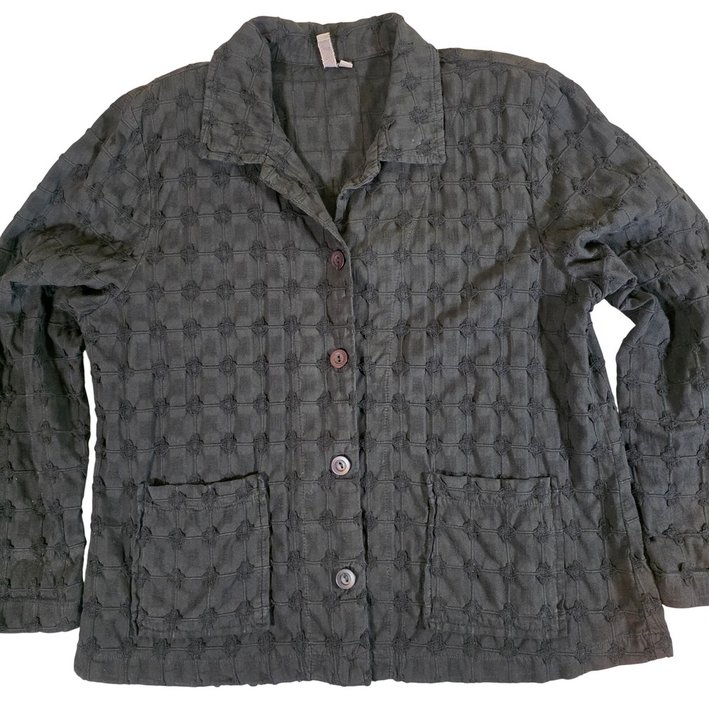 FOCUS Womens Small Black Textured Cotton Button Up Jacket Pockets Boho Lagenlook
